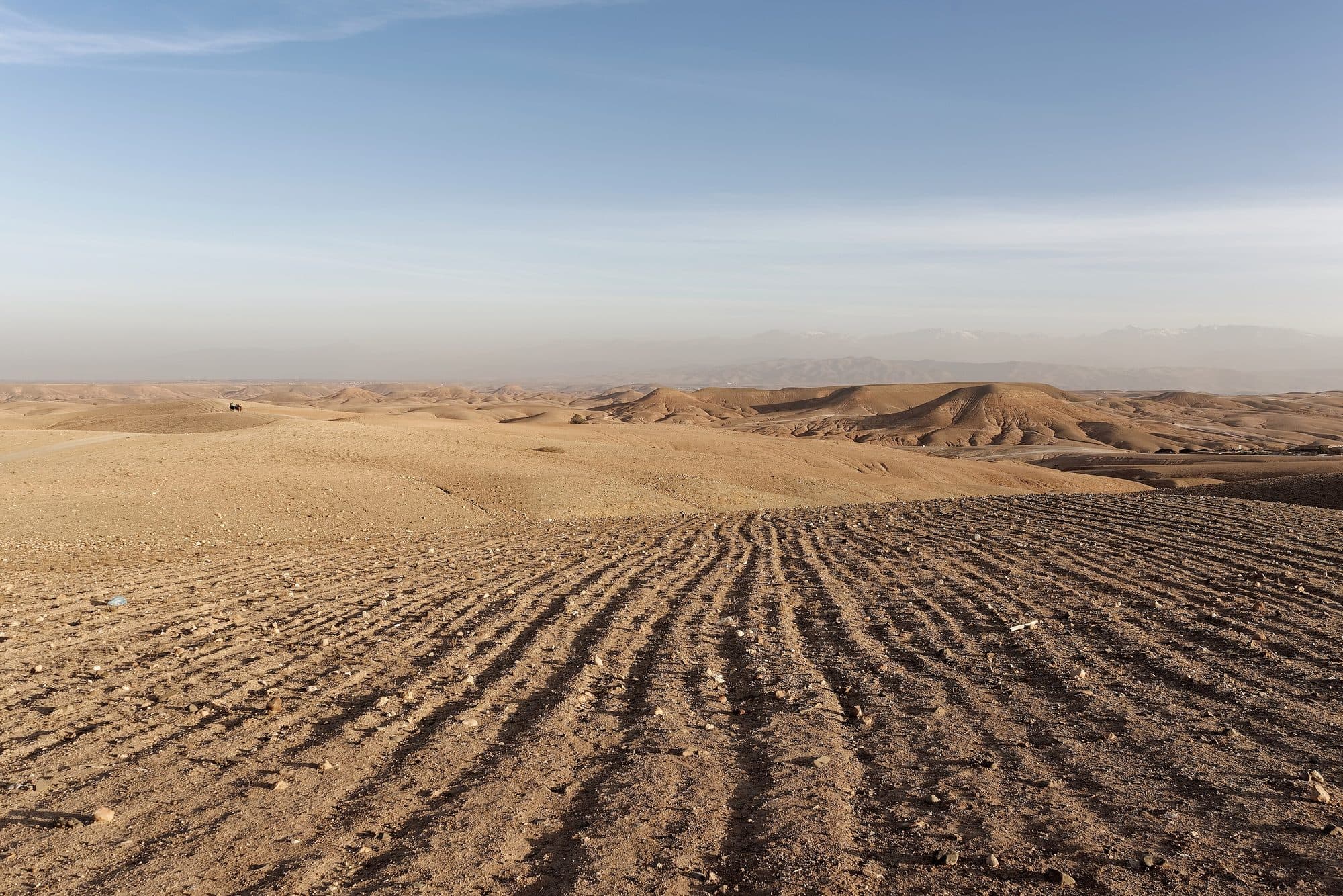 Rolling stone ridges of the Agafay desert near Marrakech under a clear sky.