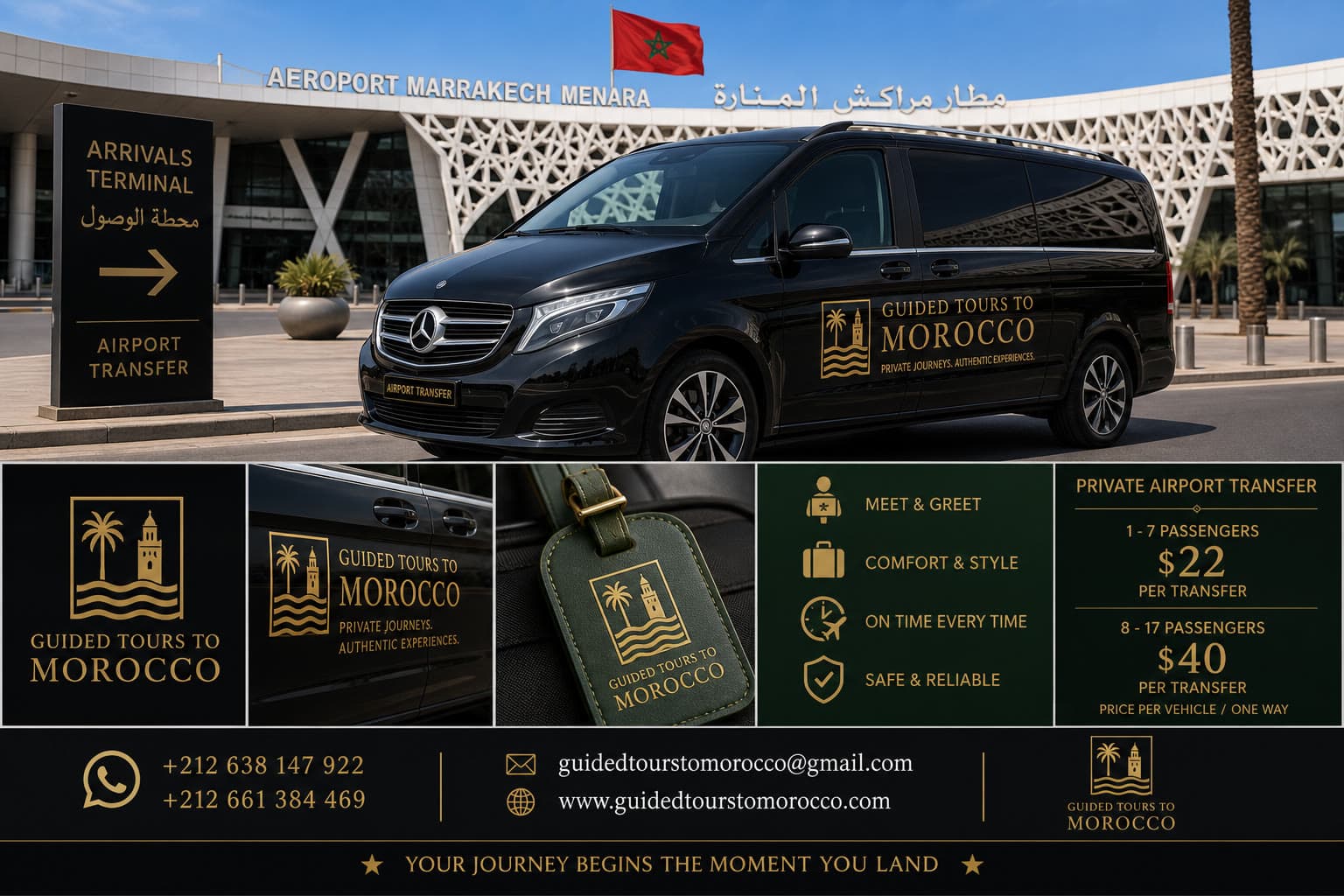 Black Mercedes V-Class airport transfer for Guided Tours to Morocco at Marrakech Menara Airport.