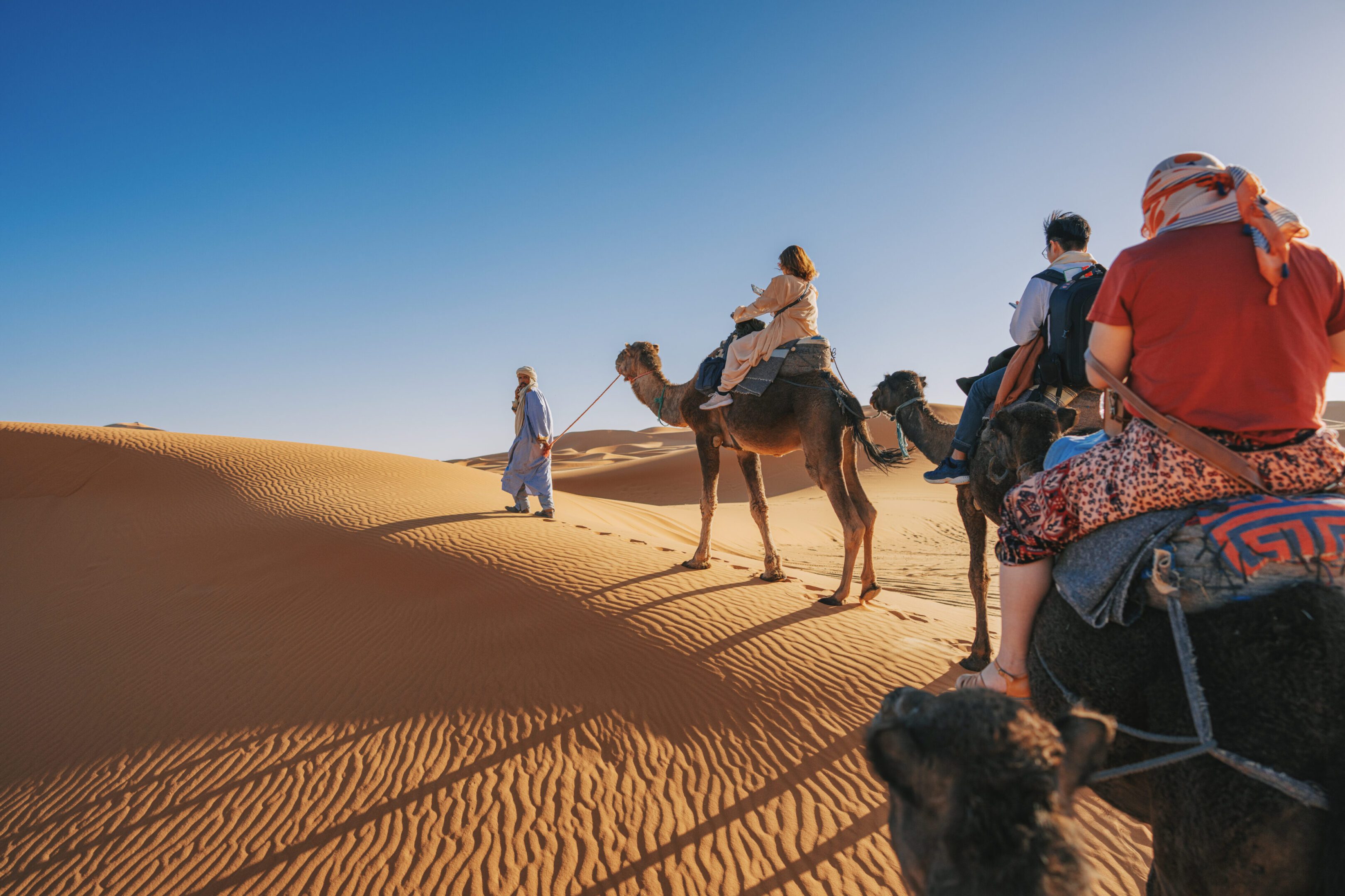 Group riding camels in sunny desert