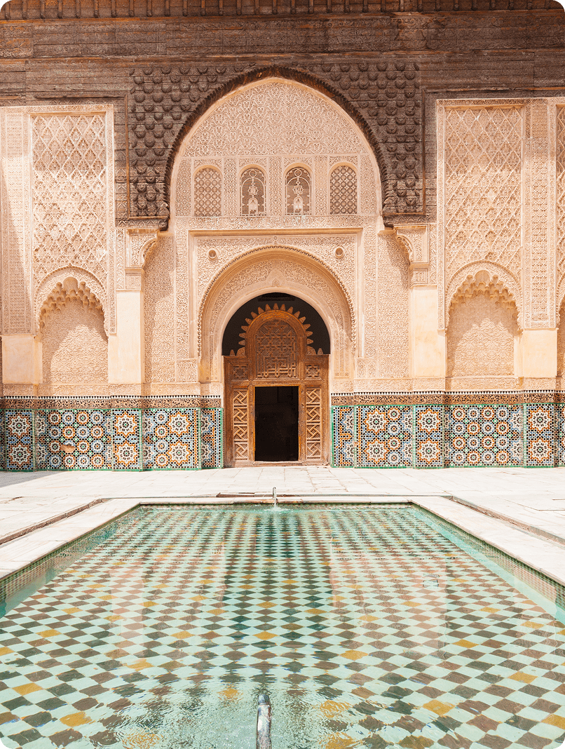Ornate architecture with reflecting pool